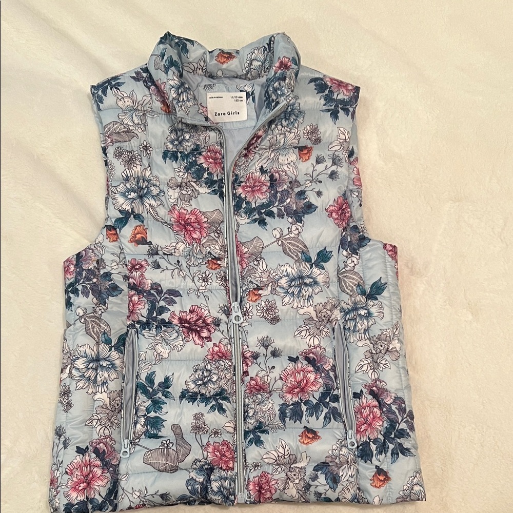 Zara Kids Floral Puffer Vest - Blue and Pink